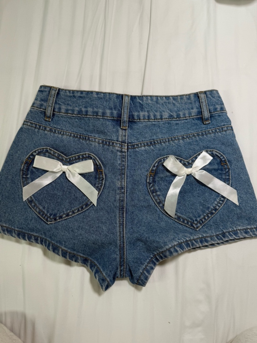 Edikted Blue Denim Shorts with Heart Pockets